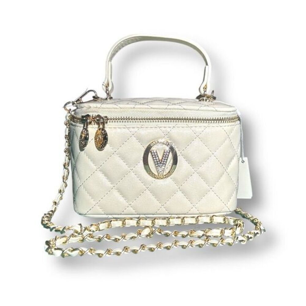 Valentino Orlandi White‎ Quilted Vanity Bag Gold Chain Crossbody Top Handle New